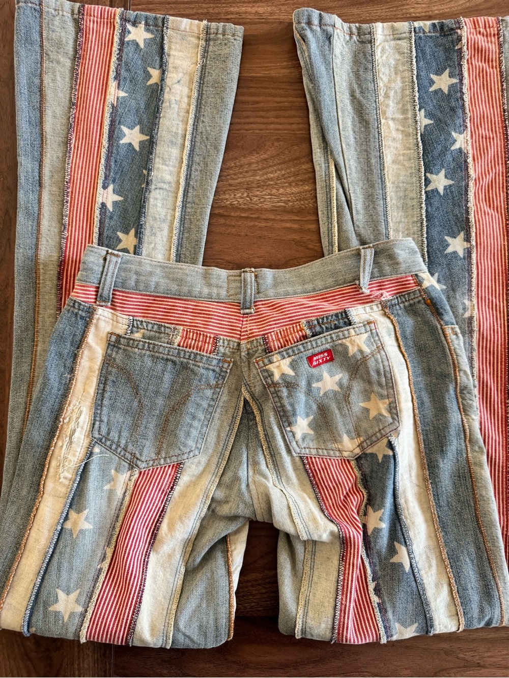 Miss Sixty Vintage Americana Denim Flare Jeans with Stars & Red Stripe Patchwork